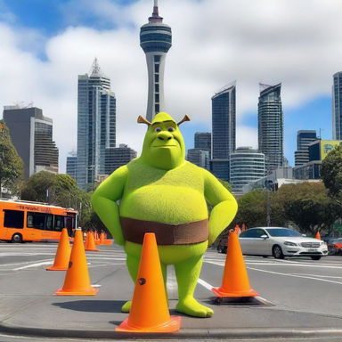 Shrek standing in the city of Auckland, with the iconic Sky Tower visible in the background