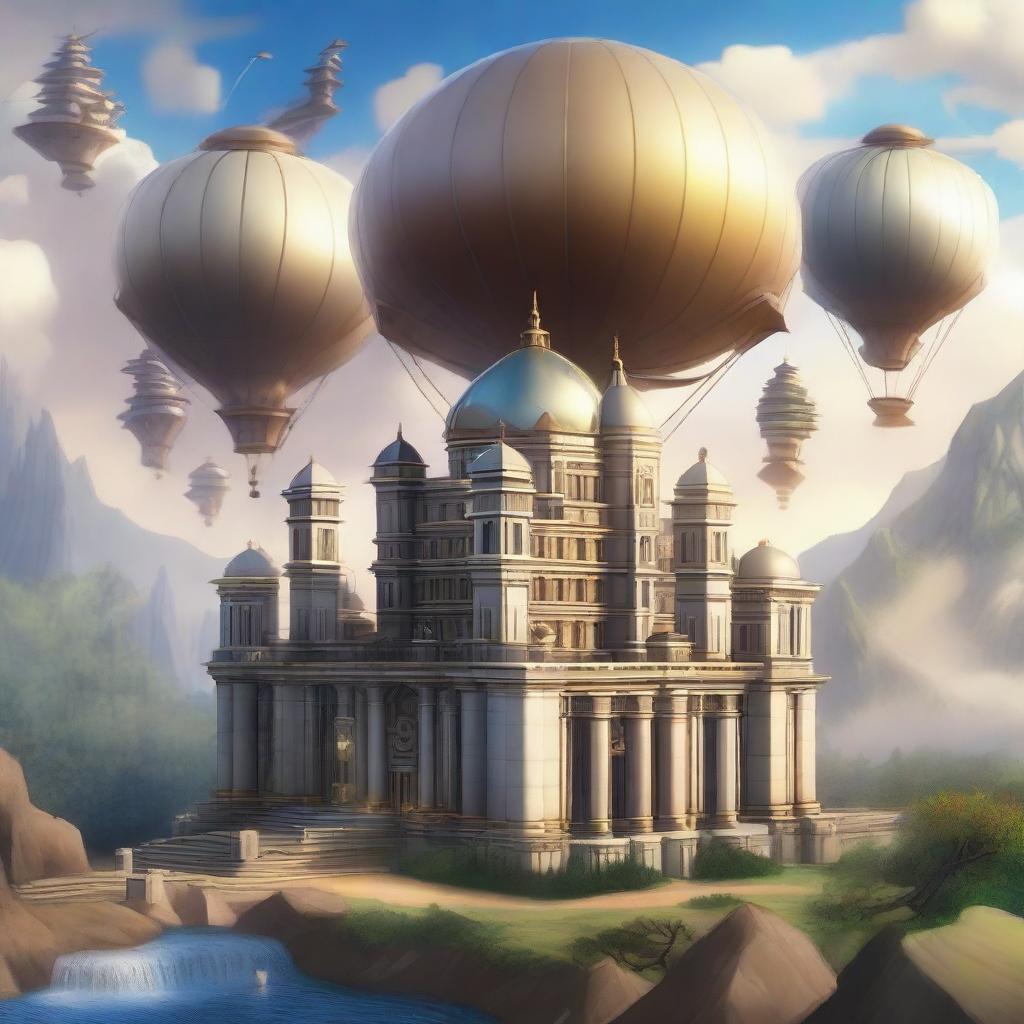 Create an image featuring a majestic empire with elegant architecture, surrounded by powerful airships and mystical elements inspired by the game Empires & Puzzles