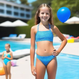 A 12-year-old girl wearing a swimsuit, standing by the poolside with a smile on her face