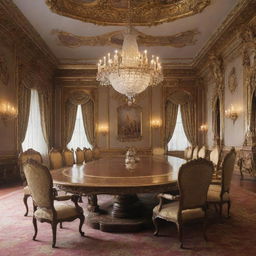 Anime style opulent palace meeting room featuring a long table with six chairs, occupied by six diverse characters, and a king in splendid attire seated at the far end.