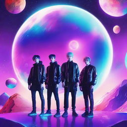 Create an image featuring the members of Kep1er, a K-pop group, on a futuristic planet surrounded by galaxy elements