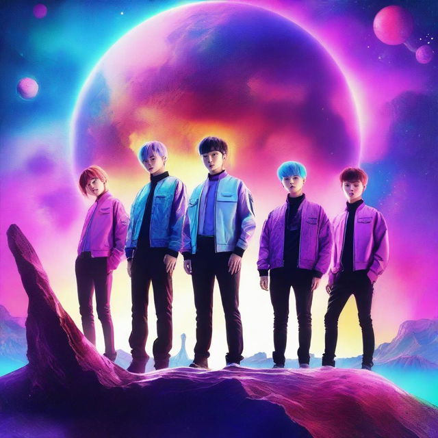 Create an image featuring the members of Kep1er, a K-pop group, on a futuristic planet surrounded by galaxy elements