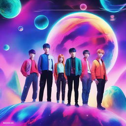 Create an image featuring the members of Kep1er, a K-pop group, on a futuristic planet surrounded by galaxy elements