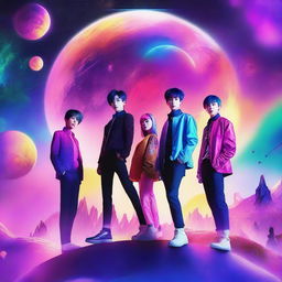 Create an image featuring the members of Kep1er, a K-pop group, on a futuristic planet surrounded by galaxy elements