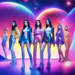 Create an image featuring the nine members of Kep1er, a K-pop girl group, on a futuristic planet surrounded by galaxy elements