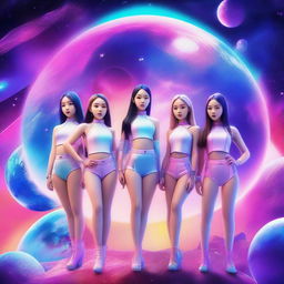 Create an image featuring the nine members of Kep1er, a K-pop girl group, on a futuristic planet surrounded by galaxy elements