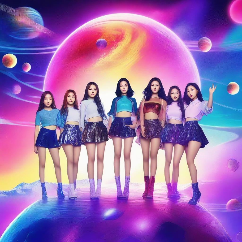 Create an image featuring the nine members of Kep1er, a K-pop girl group, on a futuristic planet surrounded by galaxy elements