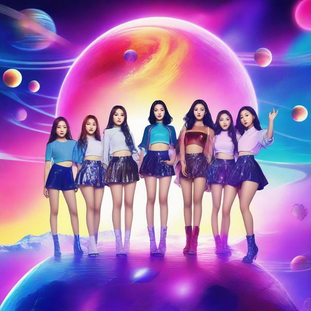 Create an image featuring the nine members of Kep1er, a K-pop girl group, on a futuristic planet surrounded by galaxy elements