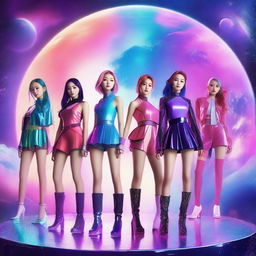 Create an image featuring the nine members of Kep1er, a K-pop girl group, on a futuristic planet surrounded by galaxy elements