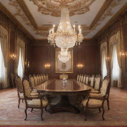 Anime style opulent palace meeting room featuring a long table with six chairs, occupied by six diverse characters, and a king in splendid attire seated at the far end.