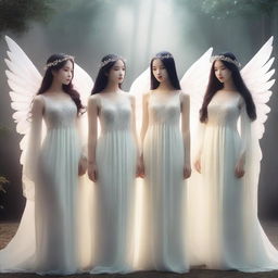 Create an image featuring a girl group with an angelic concept