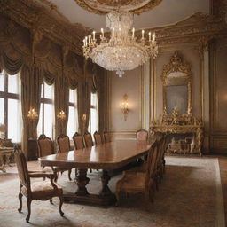 Anime style opulent palace meeting room featuring a long table with six chairs, occupied by six diverse characters, and a king in splendid attire seated at the far end.