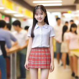 A young girl wearing a short skirt, standing in a cheerful and friendly environment