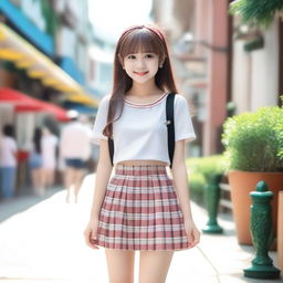 A young girl wearing a short skirt, standing in a cheerful and friendly environment