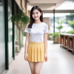 A young girl wearing a short skirt, standing in a cheerful and friendly environment