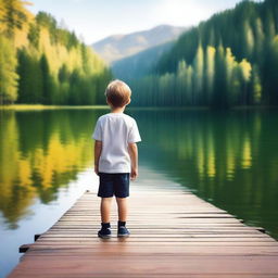 Create an image featuring a young boy standing on a wooden deck