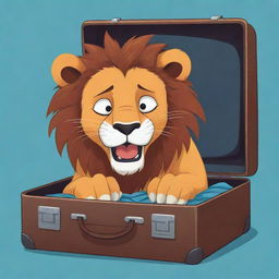 Cartoon style lion emotionally shedding tears while comically stuck in a closed suitcase.