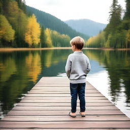 Create an image featuring a young boy standing on a wooden deck