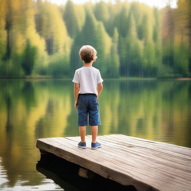 Create an image featuring a young boy standing on a wooden deck