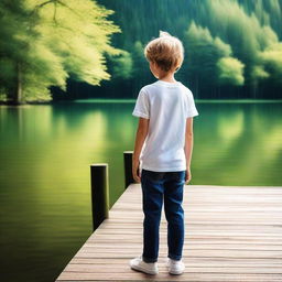 Create an image featuring a young boy standing on a wooden deck