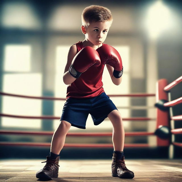 Create an image featuring a young boy in a boxing ring