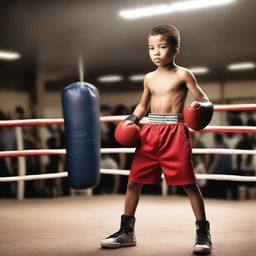 Create an image featuring a young boy in a boxing ring