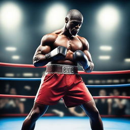 Create an image of a male boxer in the middle of a boxing ring