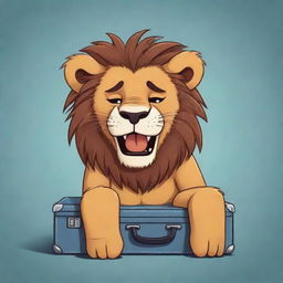 Cartoon style lion emotionally shedding tears while comically stuck in a closed suitcase.