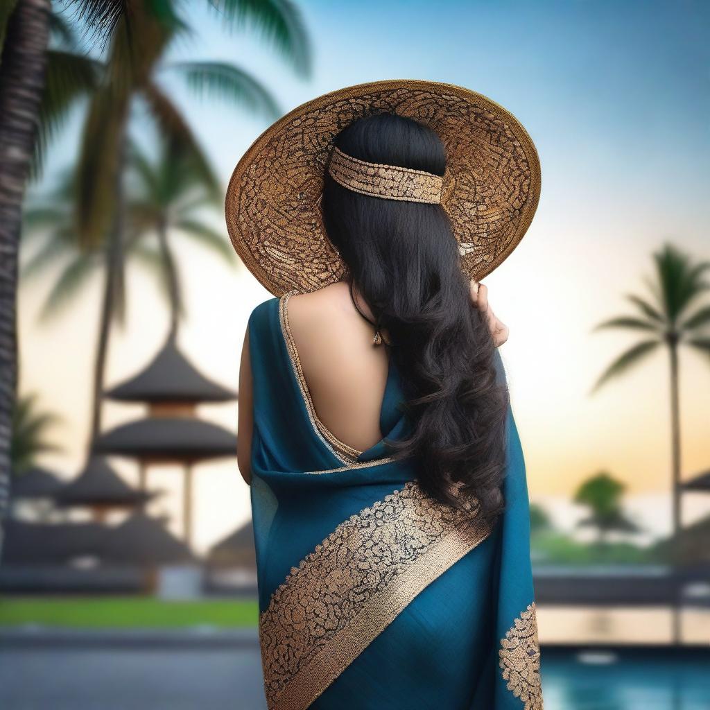 A slim, thick woman with a large sun hat, long black straight hair, and bangs