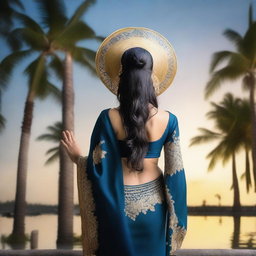 A slim, thick woman with a large sun hat, long black straight hair, and bangs