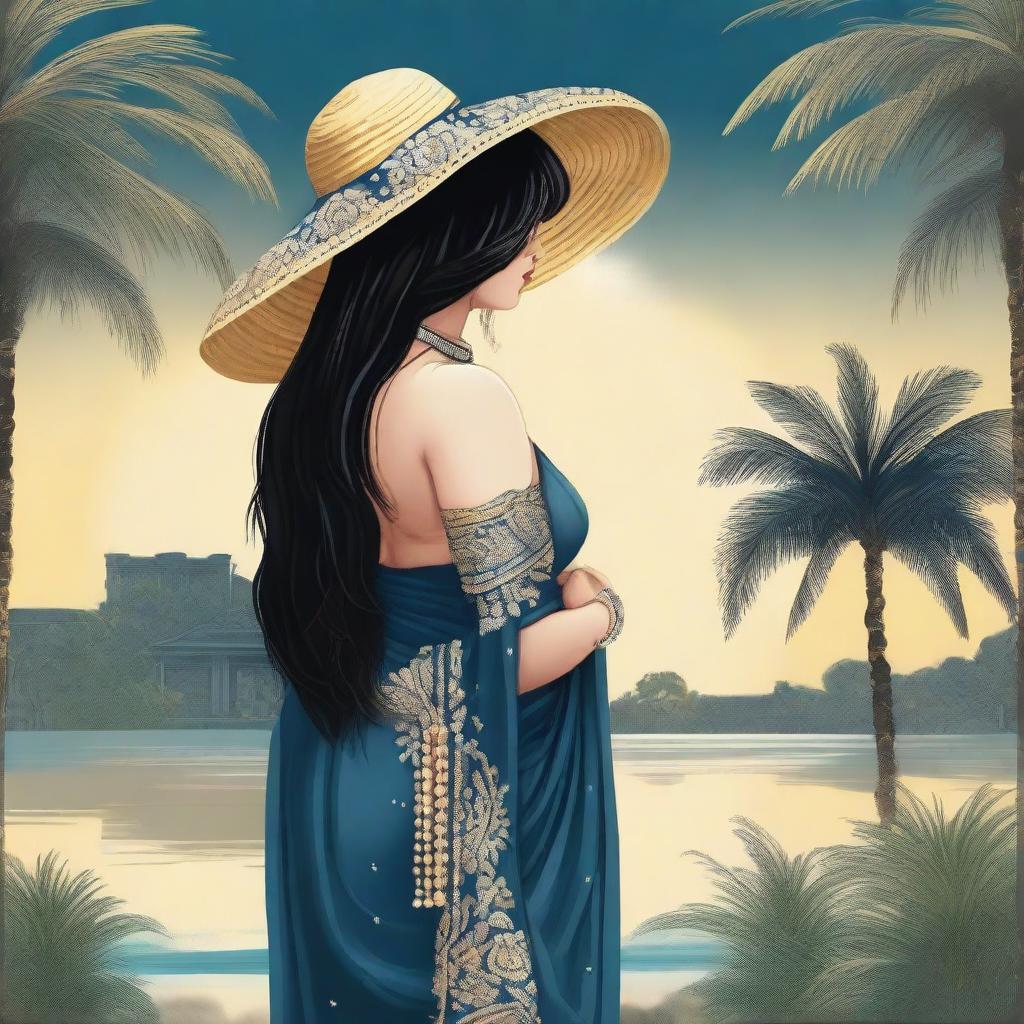 A slim, thick woman with a large sun hat, long black straight hair, and bangs
