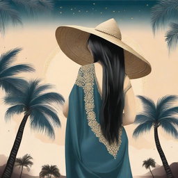 A slim, thick woman with a large sun hat, long black straight hair, and bangs