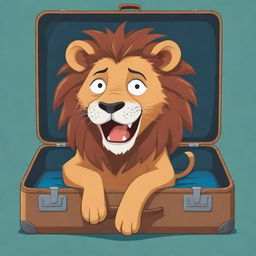 Cartoon style lion emotionally shedding tears while comically stuck in a closed suitcase.