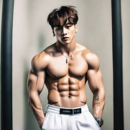 Create an image featuring Jungkook, a member of BTS, showcasing his six-pack abs