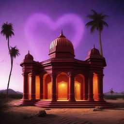 A maroon-colored heart-shaped decorative temple adorned with jewels throughout, illuminated by lighted lamps