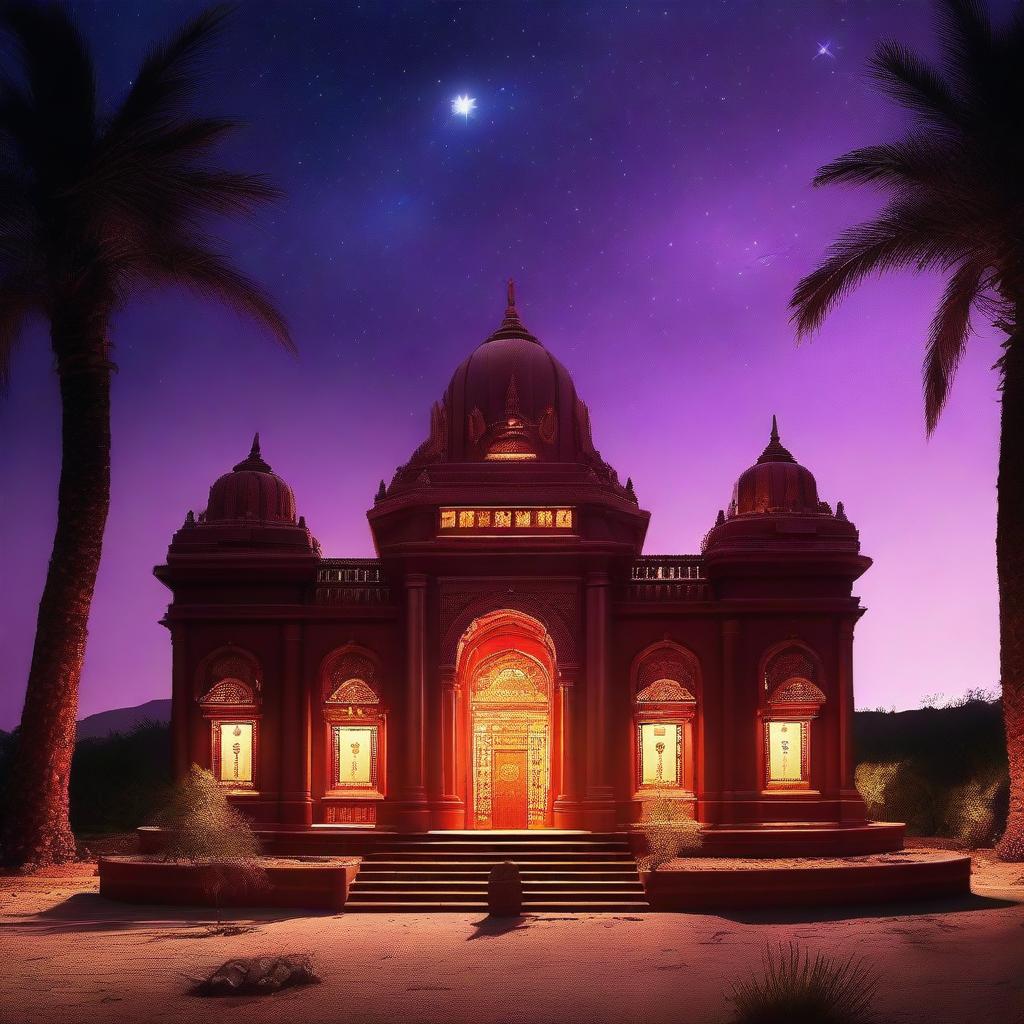 A maroon-colored heart-shaped decorative temple adorned with jewels throughout, illuminated by lighted lamps