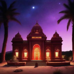 A maroon-colored heart-shaped decorative temple adorned with jewels throughout, illuminated by lighted lamps