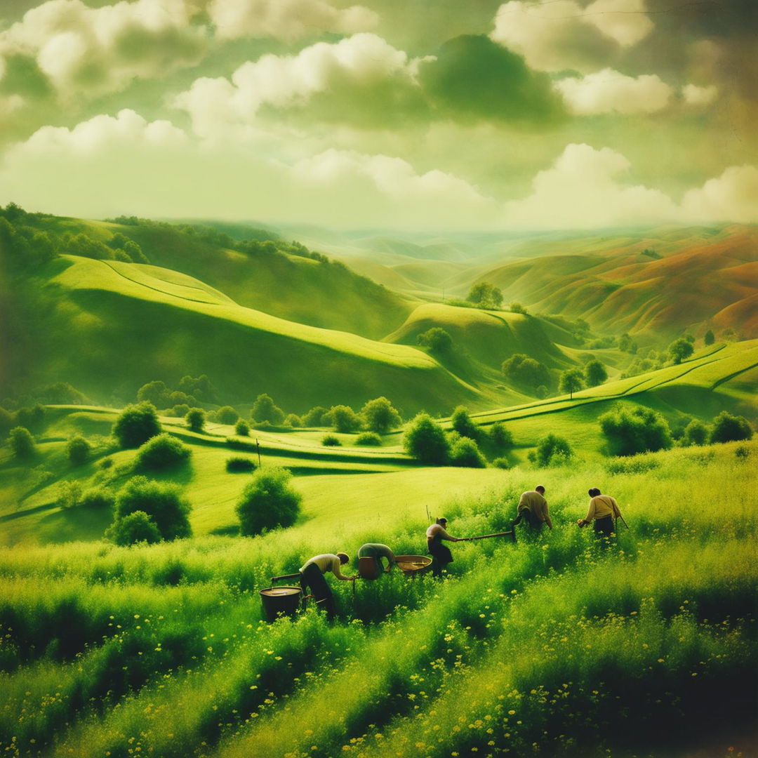 A semi-abstract depiction of vintage Romania during the Communist era, featuring romantic rolling hills with subtle historical elements, muted colors, and a balance of realism and abstraction