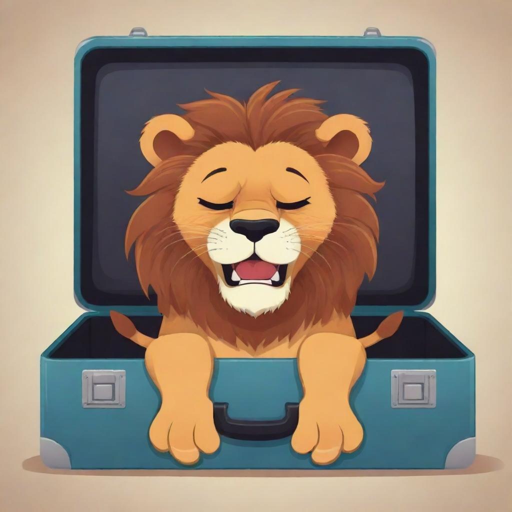 Cartoon style lion emotionally shedding tears while comically stuck in a closed suitcase.