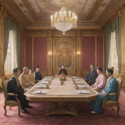 Anime style representation of an elaborate palace meeting room with six individuals employing a variety of attire, and a king seated honorably at the far end of the table.