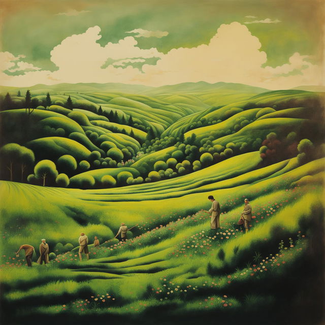 A semi-abstract depiction of vintage Romania during the Communist era, featuring romantic rolling hills with subtle historical elements, muted colors, and a balance of realism and abstraction