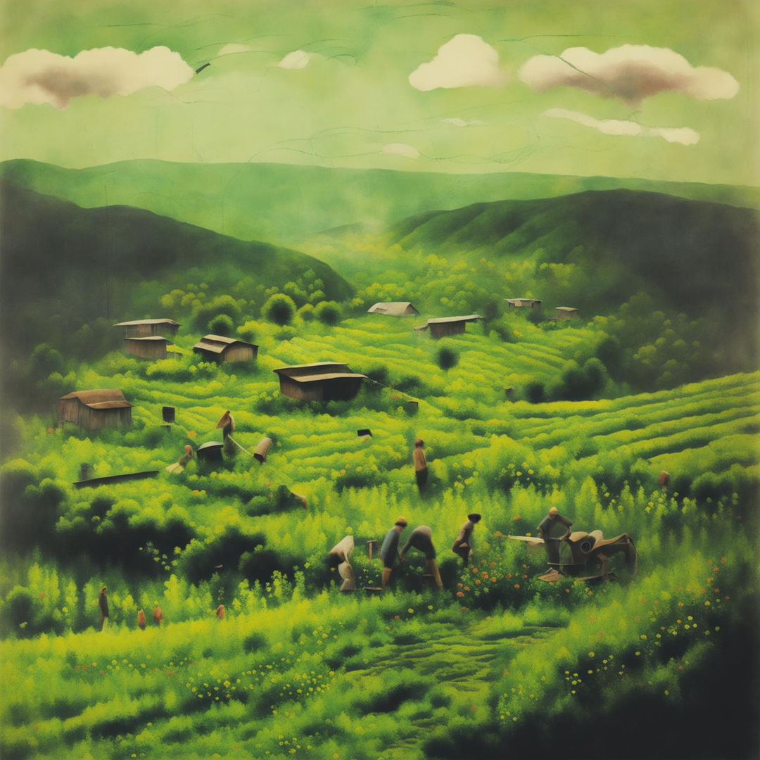 A semi-abstract depiction of vintage Romania during the Communist era, featuring romantic rolling hills with subtle historical elements, muted colors, and a balance of realism and abstraction