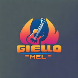 Create a vibrant logo for the name GUI MELLO, incorporating elements such as a guitar, fire, and a truck