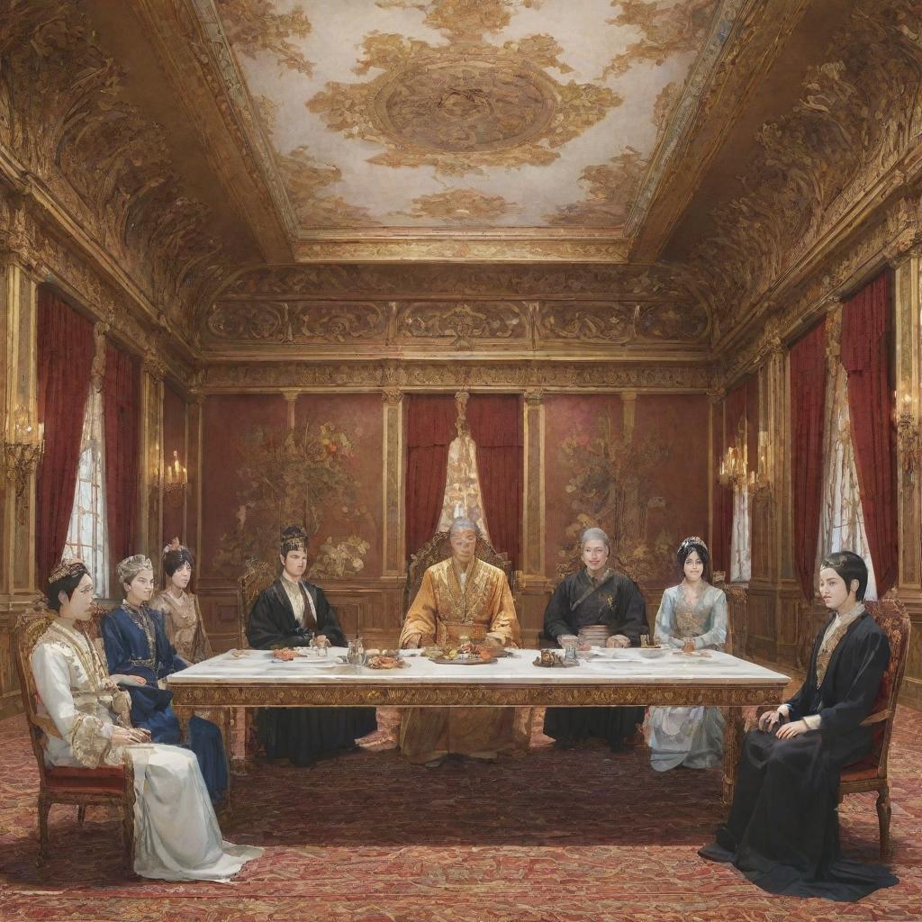 Anime style representation of an elaborate palace meeting room with six individuals employing a variety of attire, and a king seated honorably at the far end of the table.