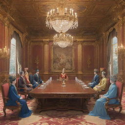 Anime style representation of an elaborate palace meeting room with six individuals employing a variety of attire, and a king seated honorably at the far end of the table.