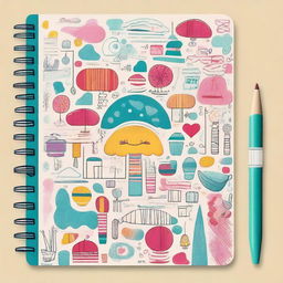 Create a vibrant and imaginative sketchbook cover design that combines whimsical illustrations with modern graphics