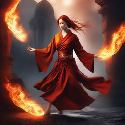 A powerful and graceful female Fire Genasi Monk, with fiery hair and glowing eyes, wearing traditional monk robes