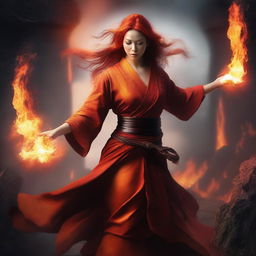 A powerful and graceful female Fire Genasi Monk, with fiery hair and glowing eyes, wearing traditional monk robes