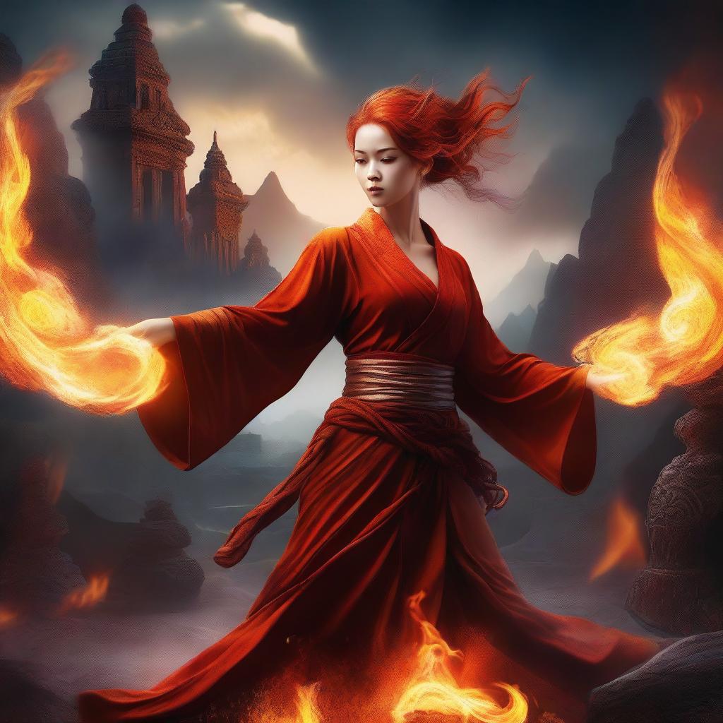 A powerful and graceful female Fire Genasi Monk, with fiery hair and glowing eyes, wearing traditional monk robes