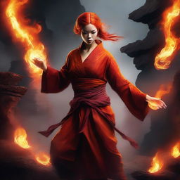 A powerful and graceful female Fire Genasi Monk, with fiery hair and glowing eyes, wearing traditional monk robes